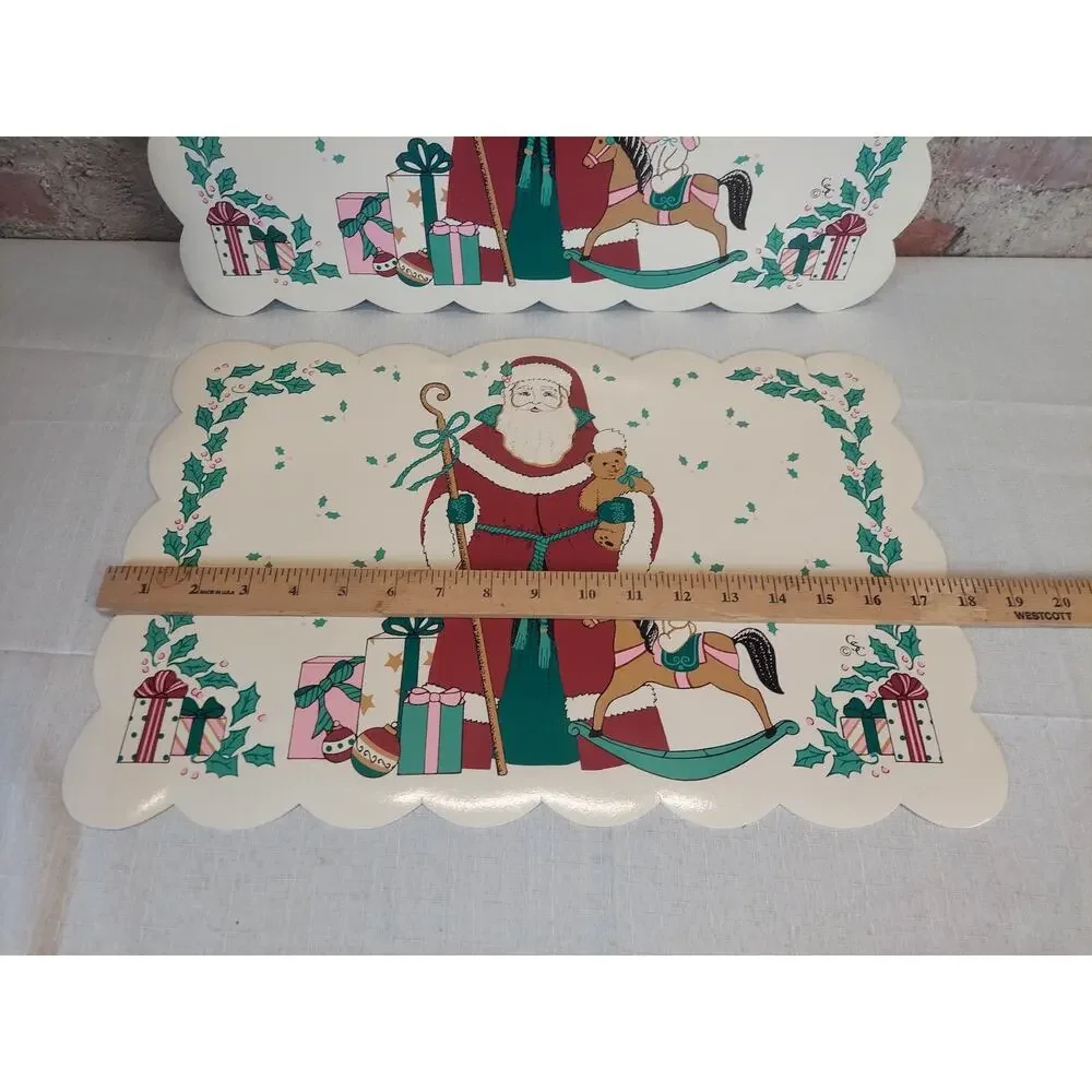 Santa Claus Christmas Placemats Set of 2 Vintage Scalloped Holly Berry Holiday